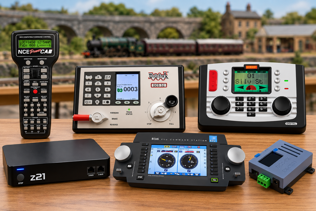Six DCC model railway controllers compared: NCE Power Cab, Digitrax Zephyr Express DCS52, Hornby Elite, Roco Z21, ESU ECoS and ACI DCC-EX CSB1, displayed in front of a model railway layout.