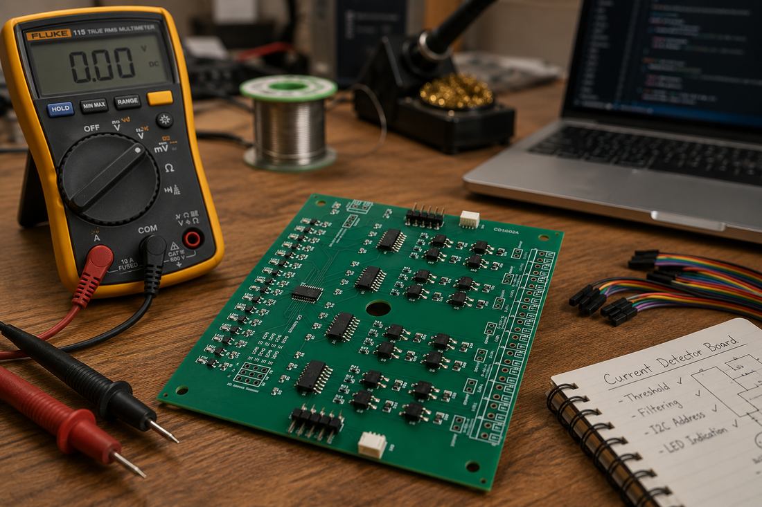 ACI 16-channel model railway current detector prototype undergoing development and testing on an electronics workbench.