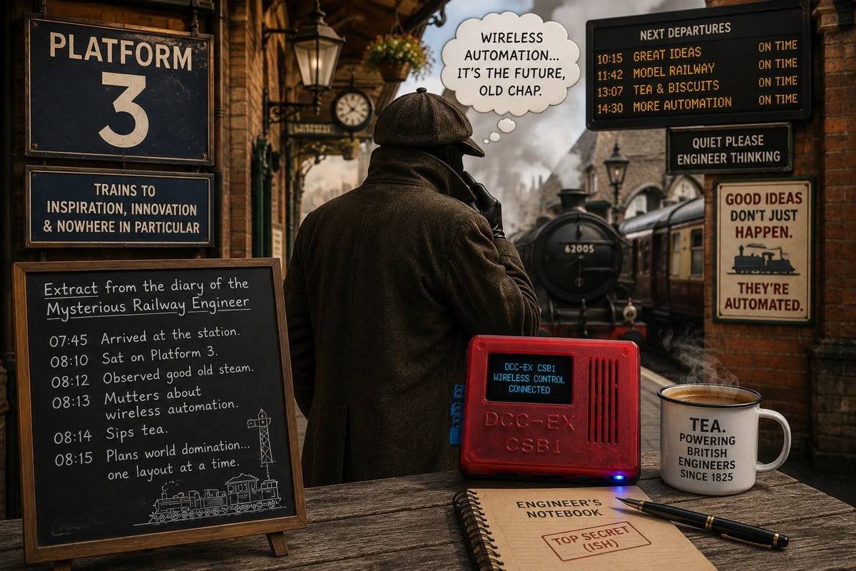 Arthur Cecil Ingram on Platform 3 beside a steam locomotive, his notebook, tea and a DCC-EX CSB1 command station.