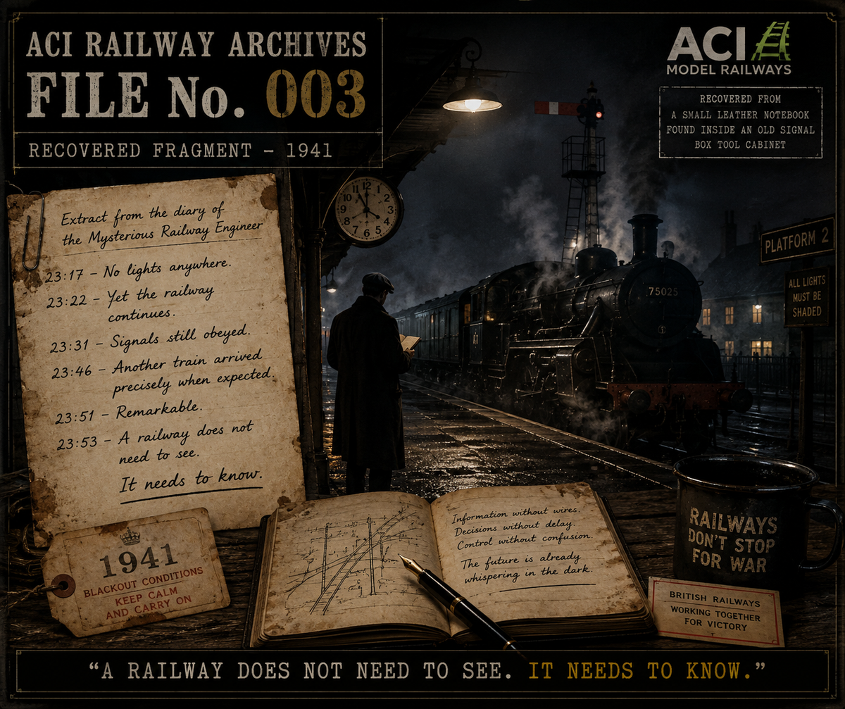 Mysterious Railway Engineer standing on a dark British railway platform in 1941 during wartime blackout conditions, observing a steam train and semaphore signals in ACI Railway Archives File No. 003.