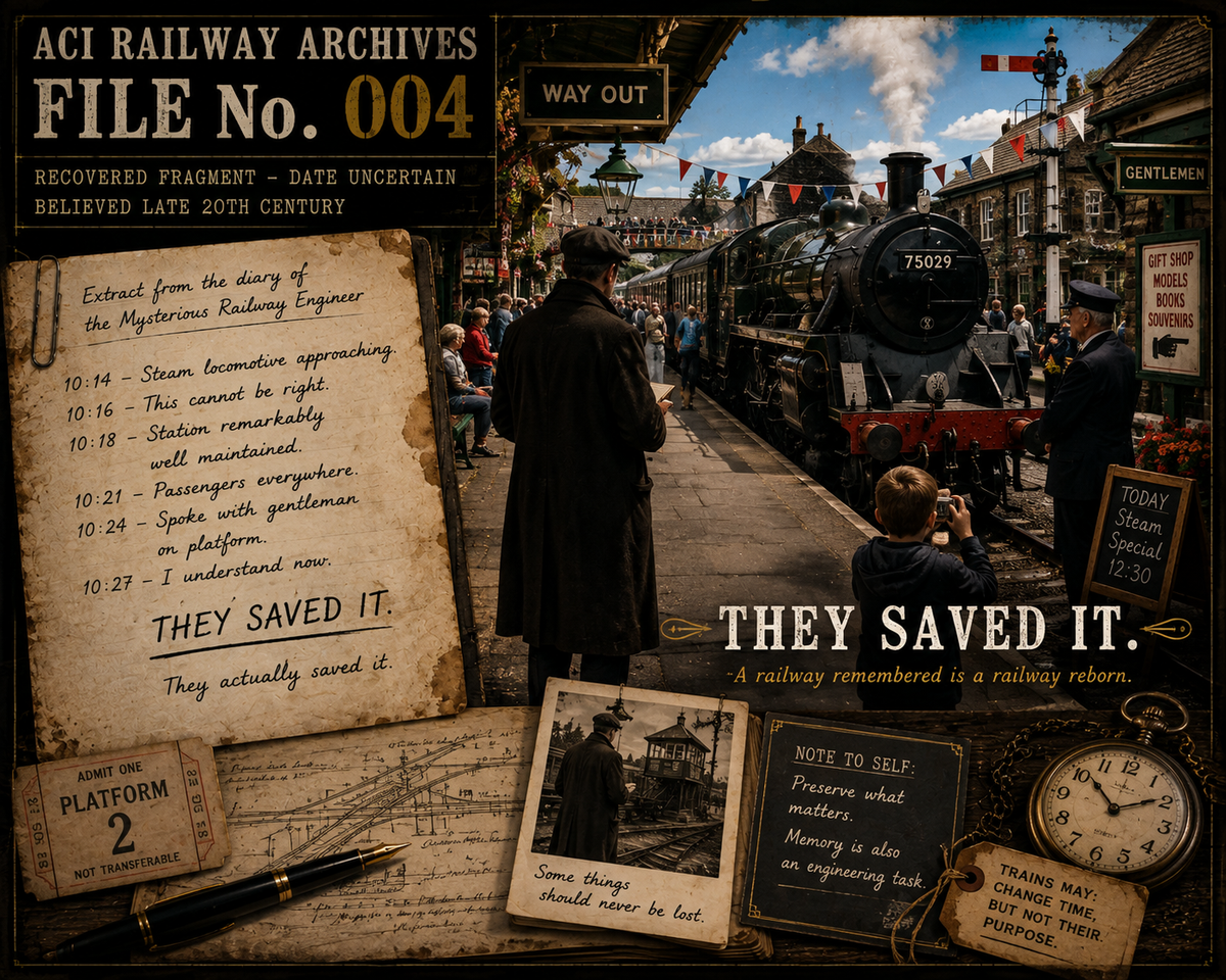 The Mysterious Railway Engineer watches a preserved steam locomotive arrive at a busy heritage railway station and realises that people have saved the railway, in ACI Railway Archives File No. 004.