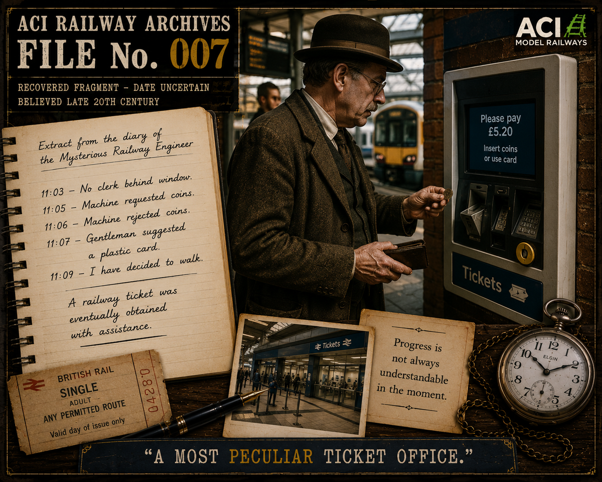 Arthur Cecil Ingram attempts to buy a railway ticket from an automated ticket machine during the late twentieth century.