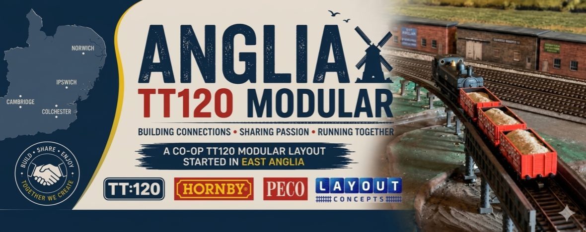 Anglia TT:120 Modular Railway Project banner featuring the project logo, East Anglia map and a model steam locomotive hauling freight wagons.
