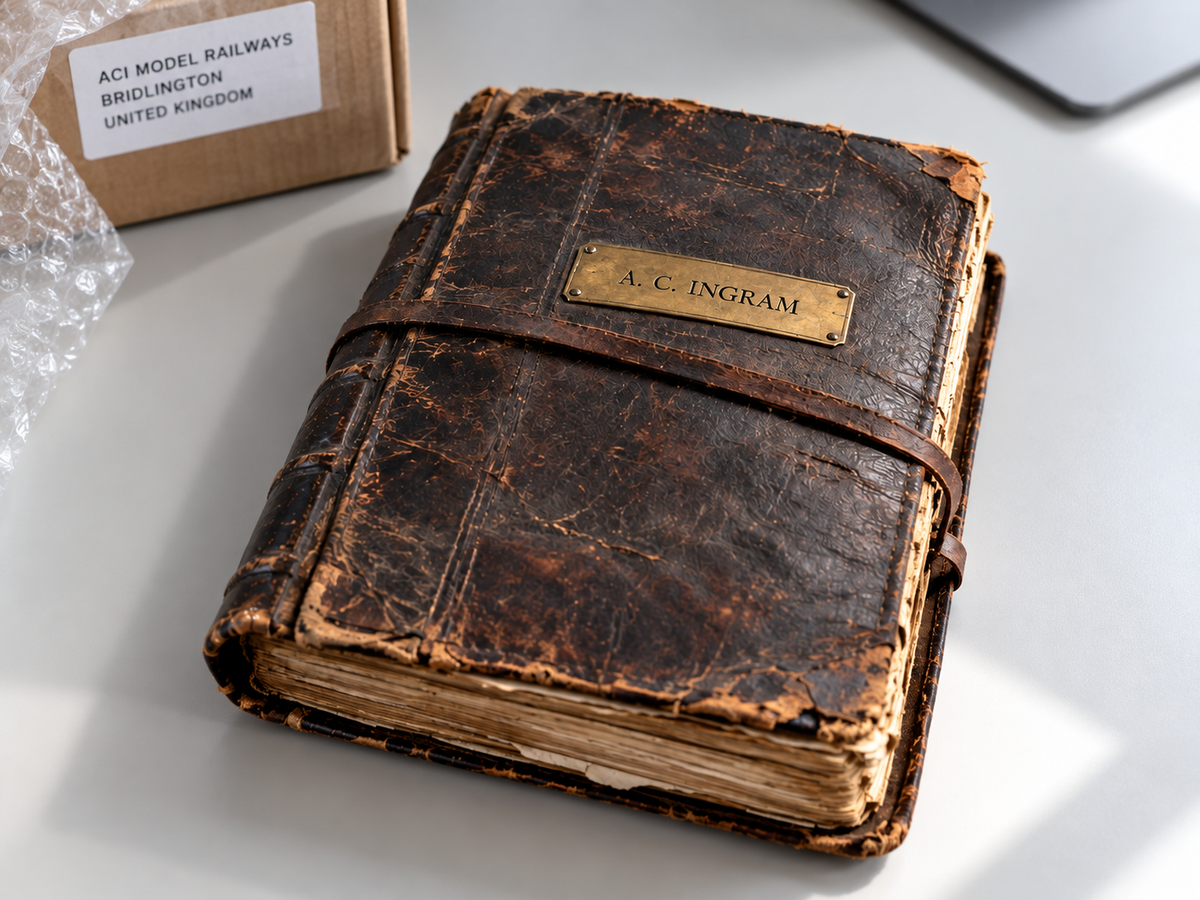 The weathered leather diary of railway engineer Arthur Cecil Ingram after its arrival at ACI Model Railways.