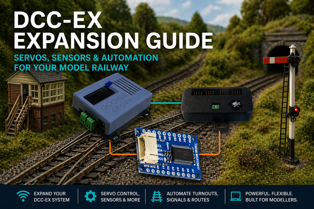 DCC-EX expansion setup with servo controller, sensors and automation modules on a model railway layout with signal and turnout