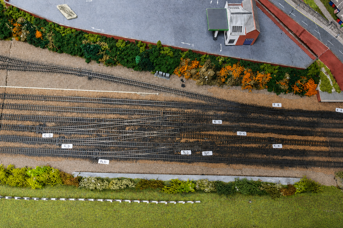 Overhead view of servo-controlled turnouts on the Holgate N gauge model railway using DCC-EX, EXRAIL and a PCA9685 servo controller.