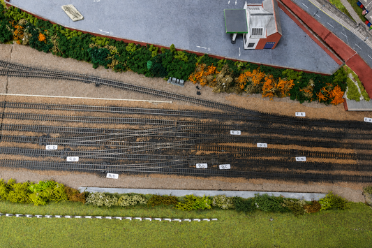 Overhead view of servo-controlled turnouts on the Holgate N gauge model railway using DCC-EX, EXRAIL and a PCA9685 servo controller.