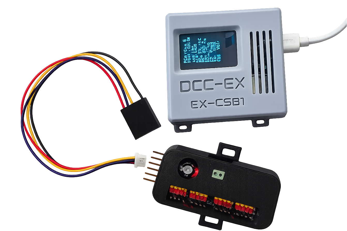 DCC-EX CSB1 connected to a compatible servo controller using a Qwiic to Dupont I2C expansion cable