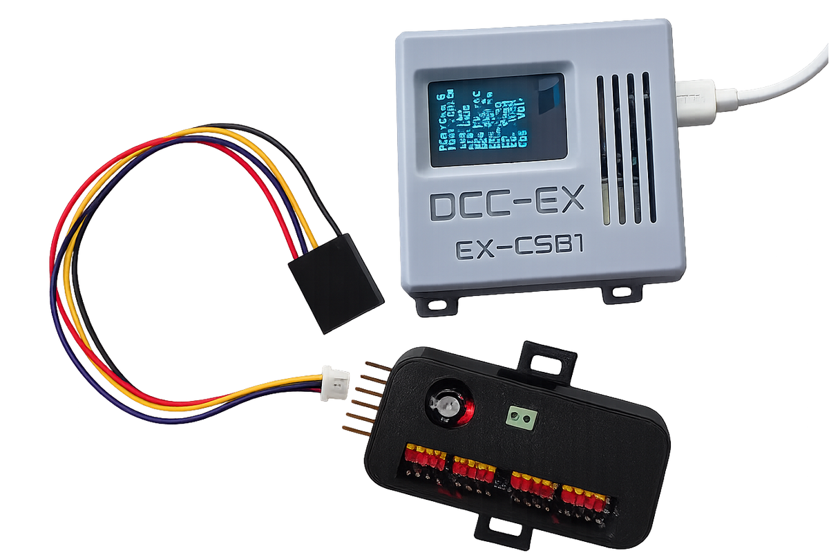 DCC-EX CSB1 connected to a compatible servo controller using a Qwiic to Dupont I2C expansion cable