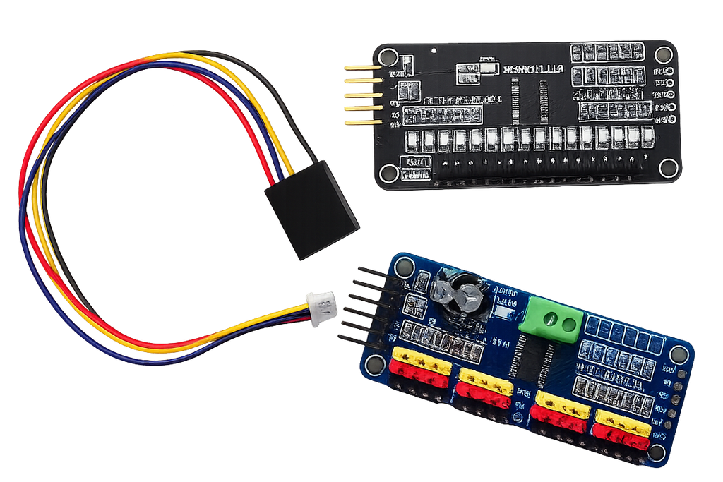 DCC-EX CSB1 Qwiic to Dupont I2C expansion cable shown with compatible PCA9685 servo controller boards for EX-RAIL automation