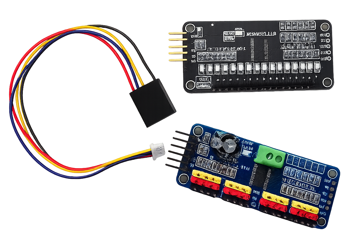 DCC-EX CSB1 Qwiic to Dupont I2C expansion cable shown with compatible PCA9685 servo controller boards for EX-RAIL automation