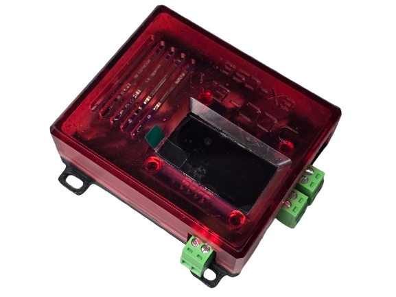 DCC-EX CSB1 ready-to-run command station with OLED display in translucent red case