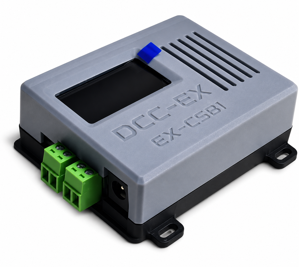 DCC-EX CSB1 ready-to-run wireless command station for model railways with OLED display and UK plug-and-play setup